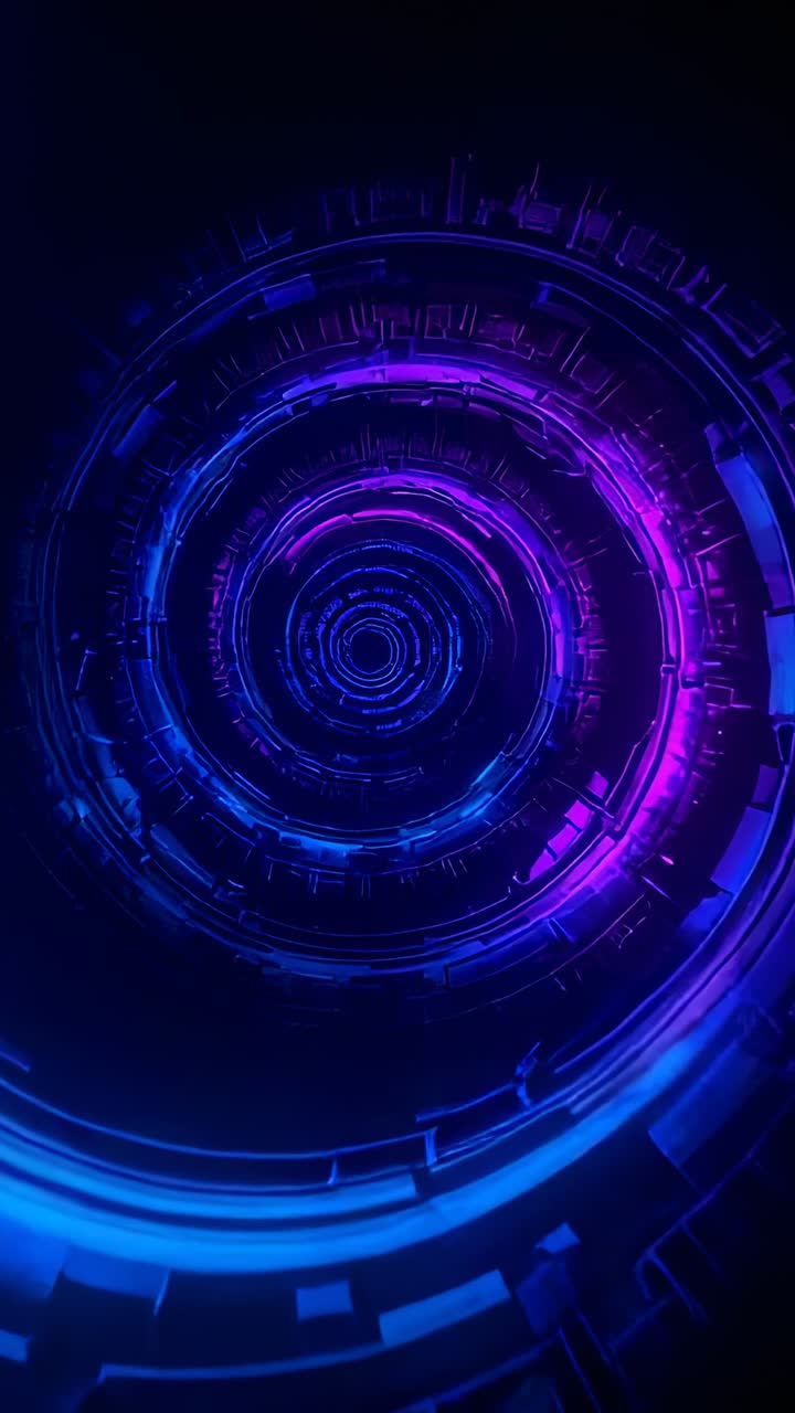 Vertical video: Rotating segmented neon rings advancing in void after ring appearing, pulsing lines