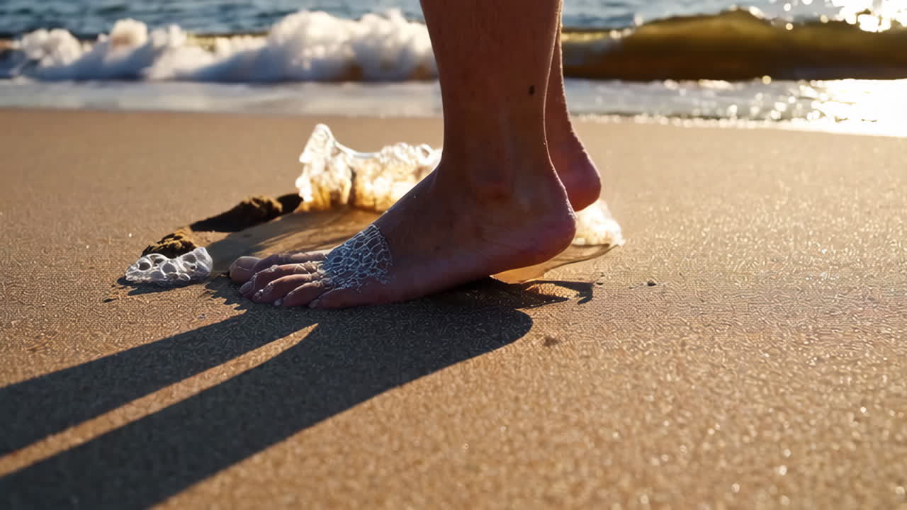 Feet on a sandy beach with waves and sea foam at sunset