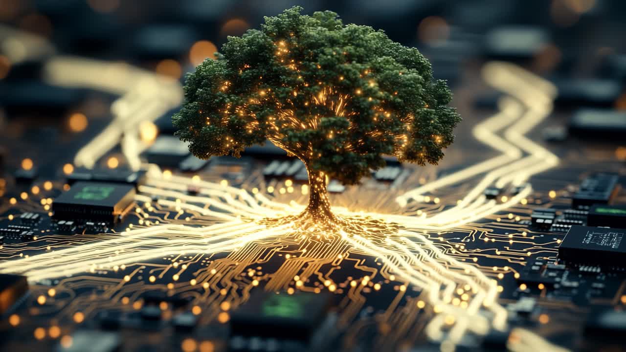 Technology merges with nature in harmony. A vibrant tree grows from a circuit board, symbolizing the connection between technology and the natural world.