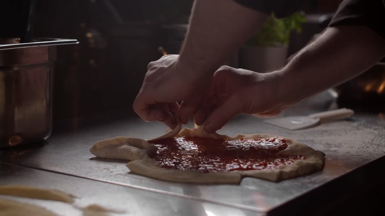 El chef preparando la pizza.