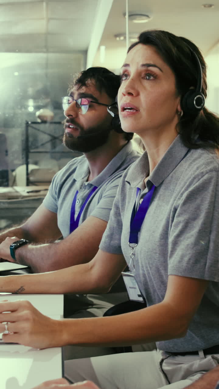 Hold af operatører med headsets, der arbejder i et kontrolrum