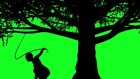 hermosa muchacha guerrera de pie bajo un árbol durante la puesta del sol pantalla verde de fondo