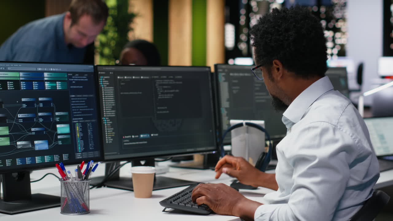 African American Man Coding on Multiple Computer Screens in Office