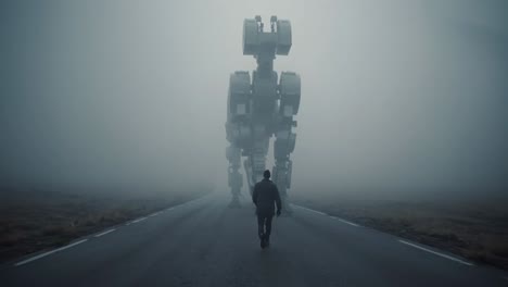 massive robotic canine and a lone businessman walking across misty, desolate landscape, symbolizing technological dominance and human isolation in futuristic, dystopian environment