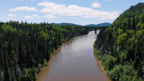 a drone flies high above a river surrounded by trees and mountains and slowly approaches a bridge in the distance