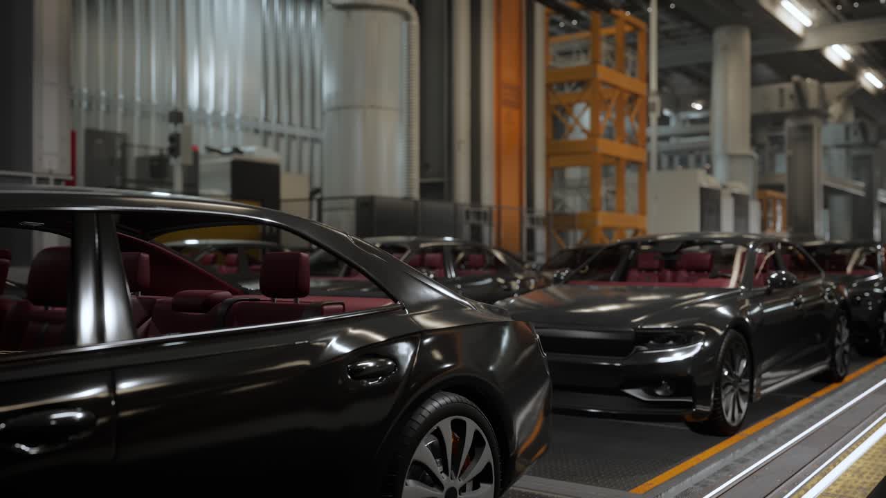자동차 공장 내부. 자동차 조립 라인에 있는 검은색 자동차 바디. 산업 공장, 자동차 공장, 차량 생산 공장 시설