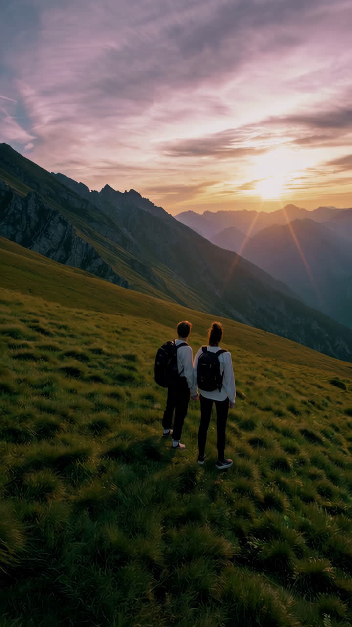 Couple Hiking in Majestic Mountains at Sunset