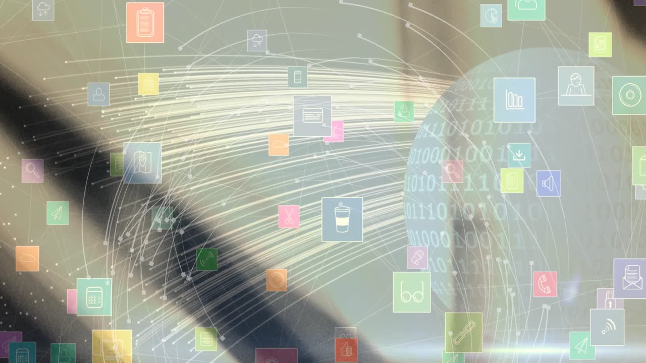 흐릿한 배경 위에 디지털 아이콘이 있는 지구의 애니메이션