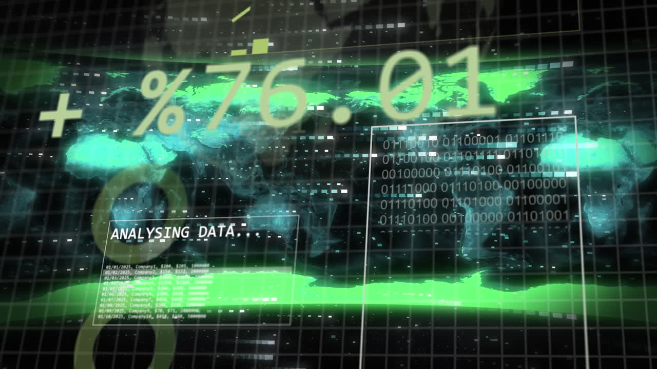 검은 바탕에 있는 세계 지도 위의 데이터 처리 애니메이션