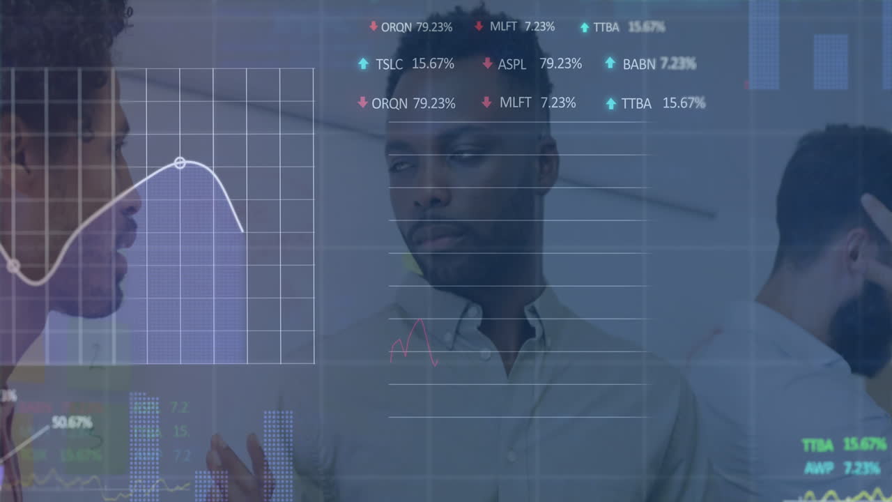 Animation of graphs and trading boards over diverse coworkers sharing ideas in office