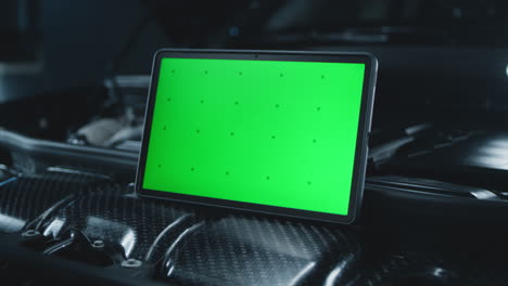 tablet with green screen display on car engine in workshop