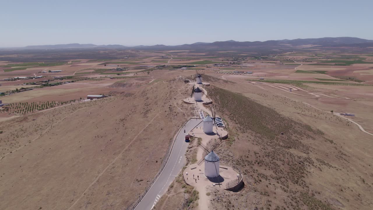 Spain. Spanish windmills of La Mancha. Aerial view of a group of typical Spanish windmills. Don Quixote. Consuegra