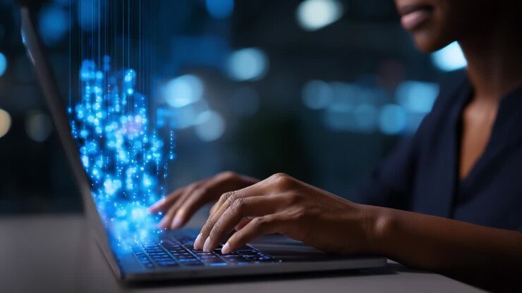 A deep exploration of modern technology, showcasing a close-up of a person's hands actively typing on a laptop, as bright digital particles emerge from the screen, symbolizing innovation and creativity