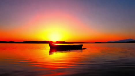 amanecer sobre un lago tranquilo con un barco solitario