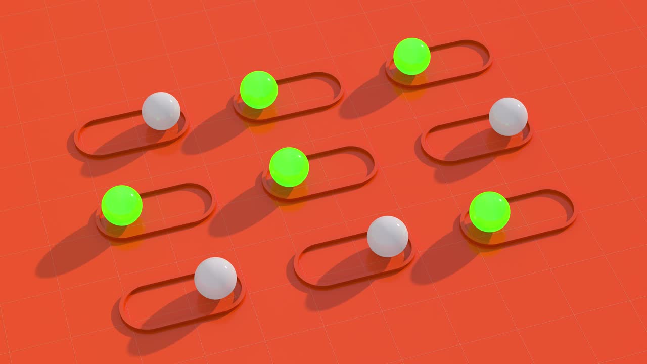 Balls changing color. Green glowing spheres, orange background. Abstract animation, 3d render.