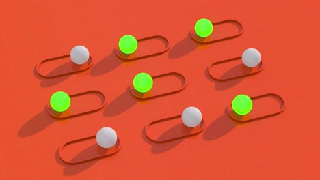 balls changing color. green glowing spheres, orange background. abstract animation, 3d render.