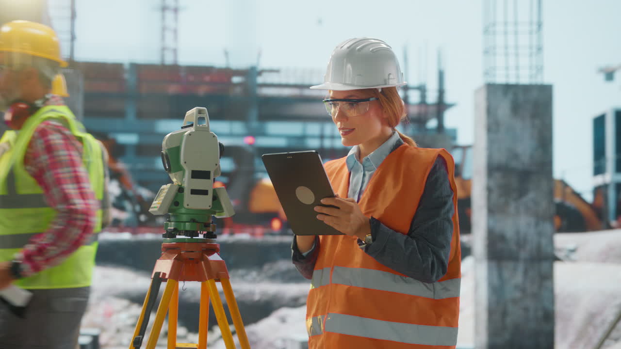 Construction Surveyors and Engineers Working on a Building Site with Surveying Equipment