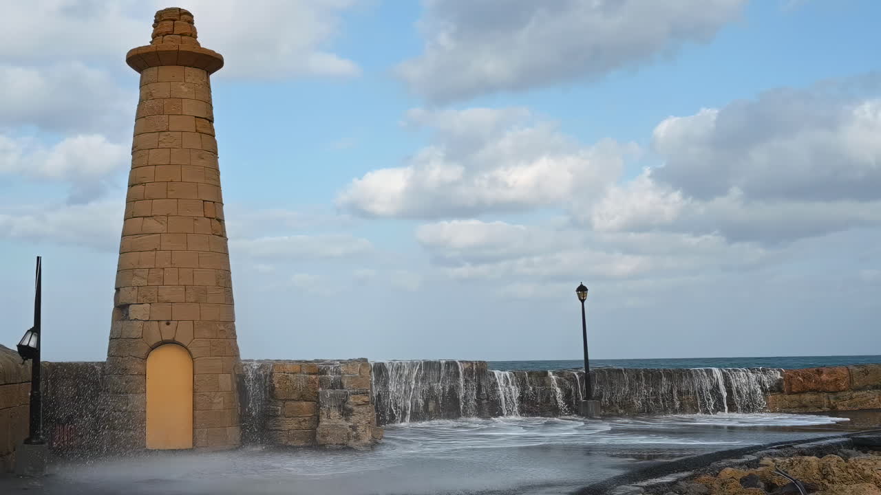 Water splashing over the Girne Historic Lighthouse on the shore in Kyrenia, Cyprus