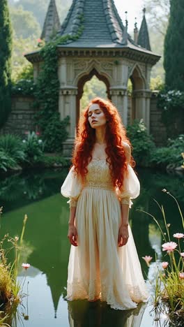 woman in a vintage dress by a pond in a garden