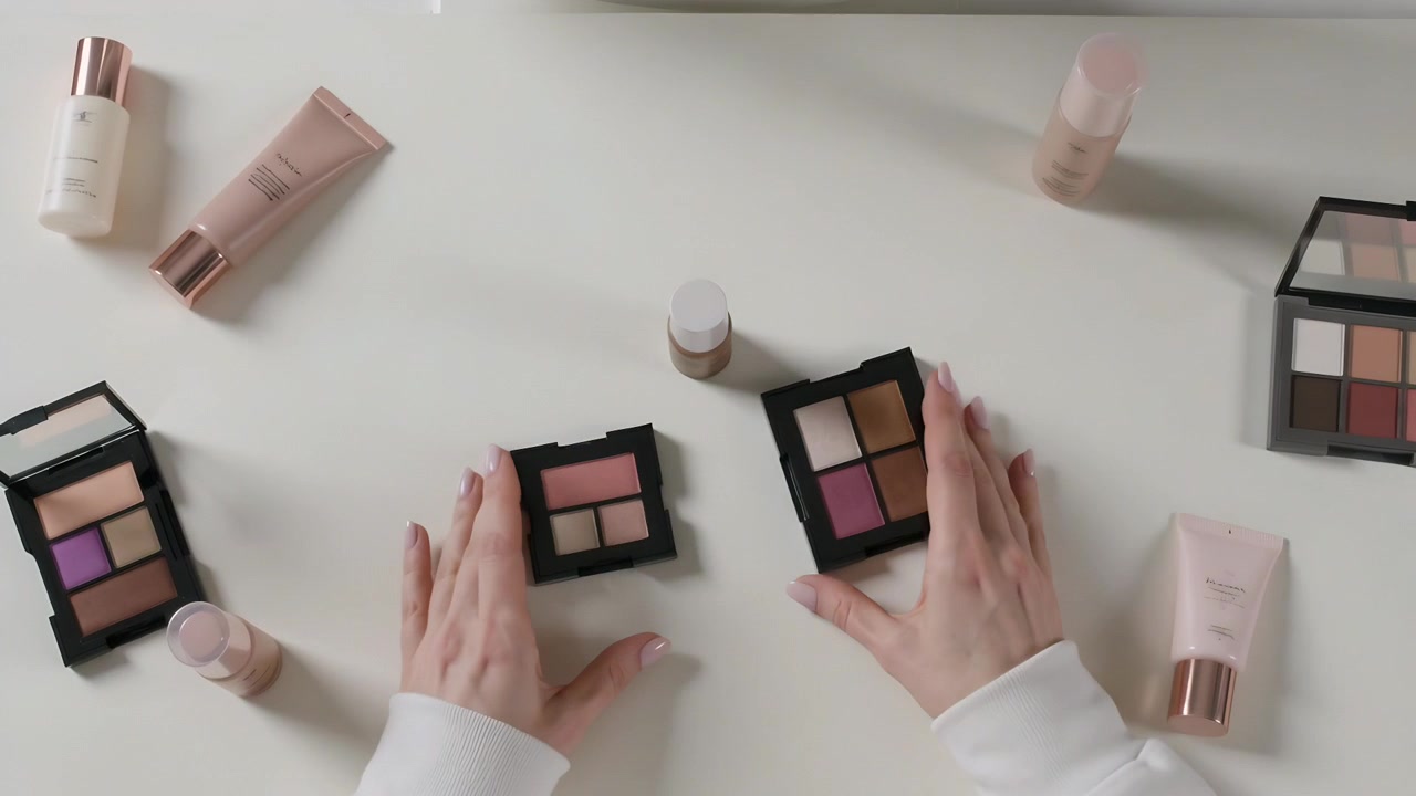 Arranging hands in white top from right placing palettes, centering round container on white table