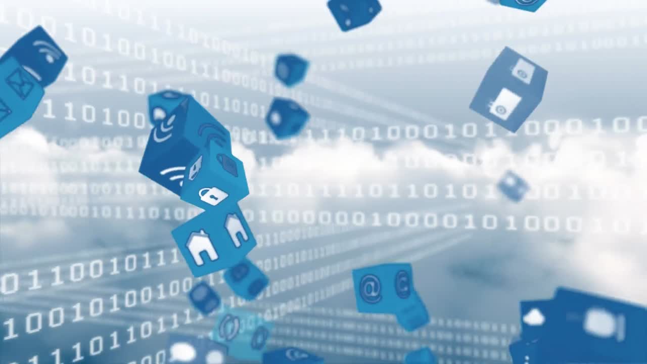 구름진 하늘에 있는 인터넷 아이콘과 기호