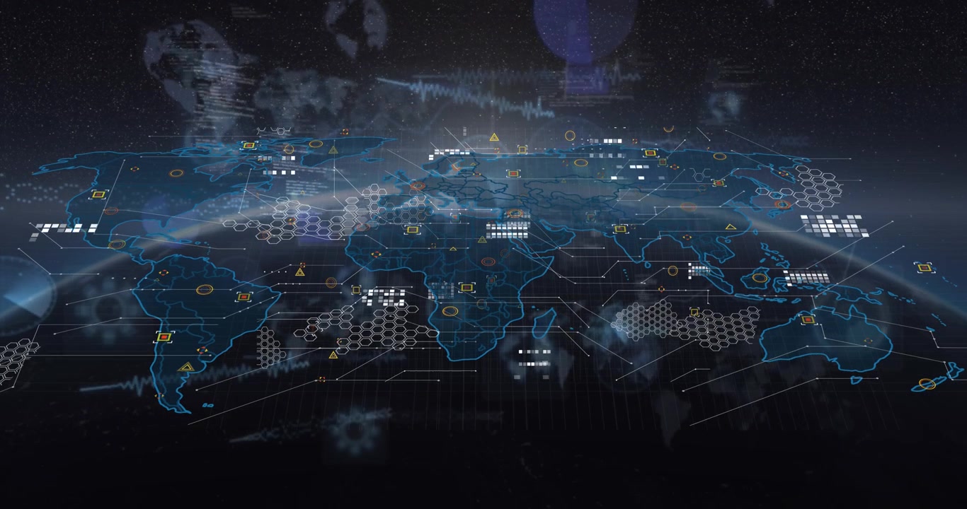 Animation of circuit board pattern over globes and computer language against abstract background