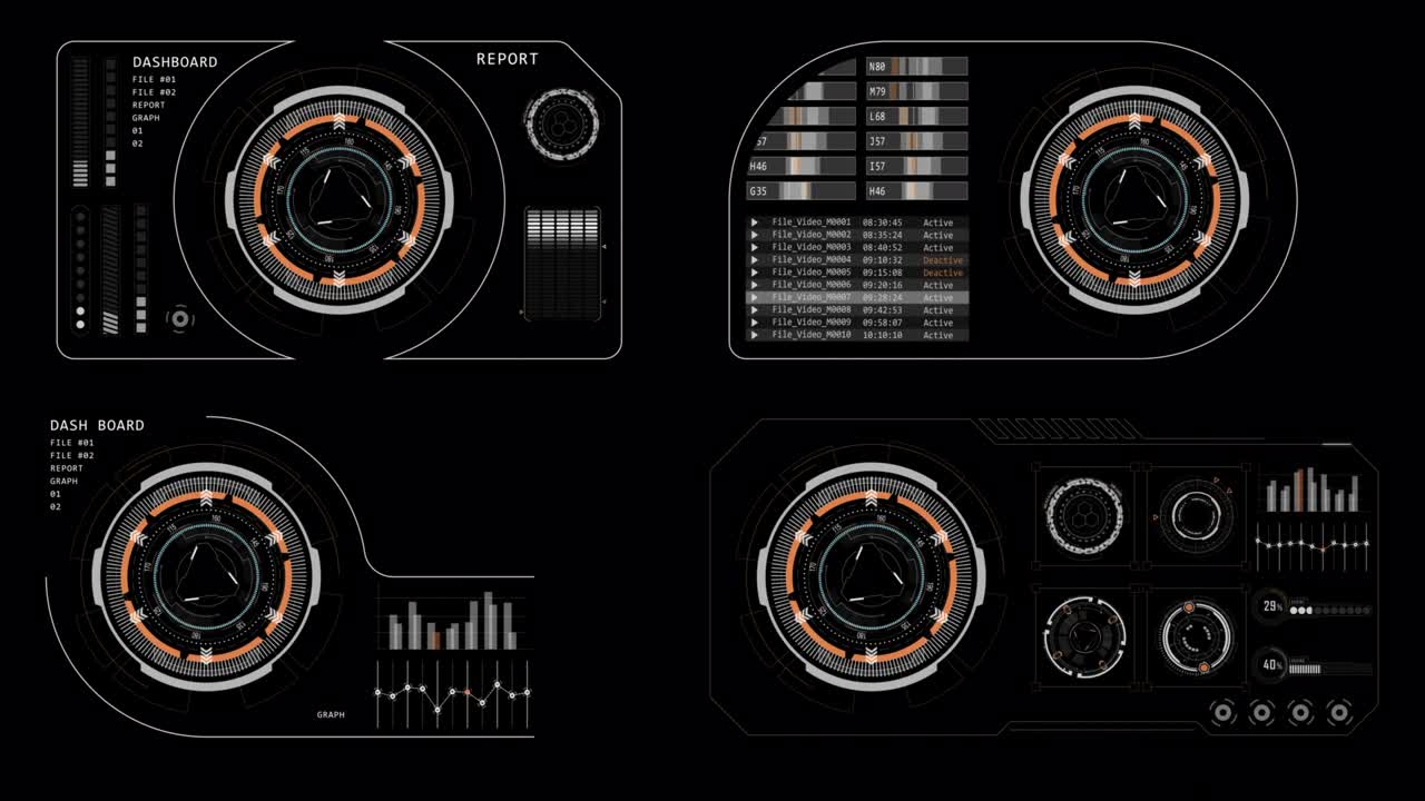 머리 위 디스플레이의 모션 그래픽 (hudui) 기술 인터페이스 화면과 미래의 요소 그래프 및 채팅 패널 추상적인 배경 알파 채널 포함