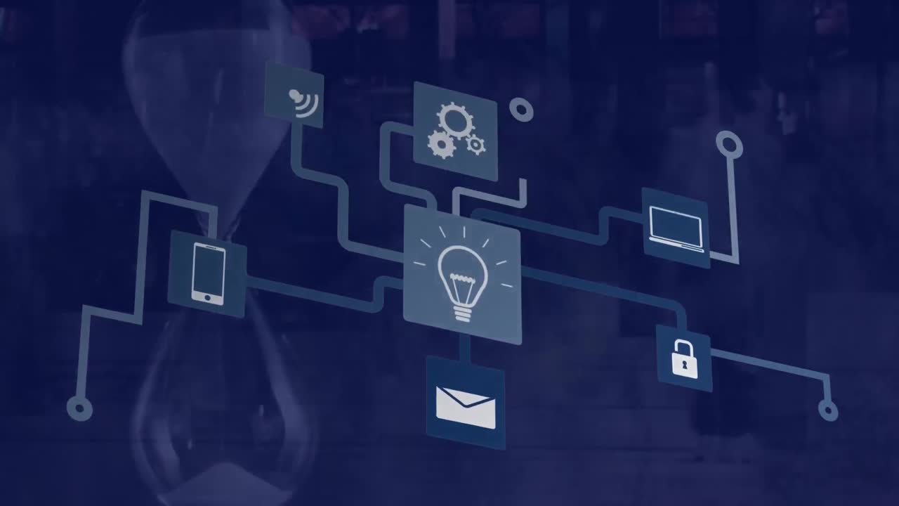 Animation of network of communication and media icons over egg timer