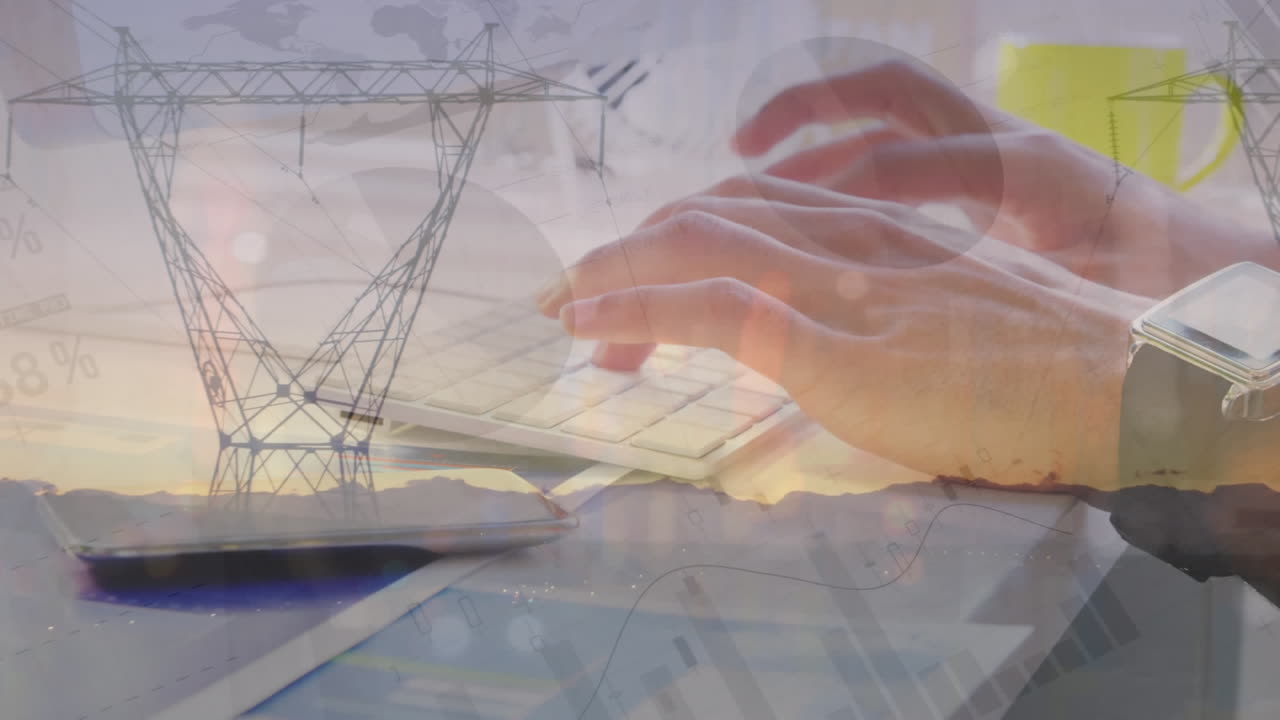 estadísticas de animación y procesamiento de datos financieros sobre empresario caucásico usando el teclado.