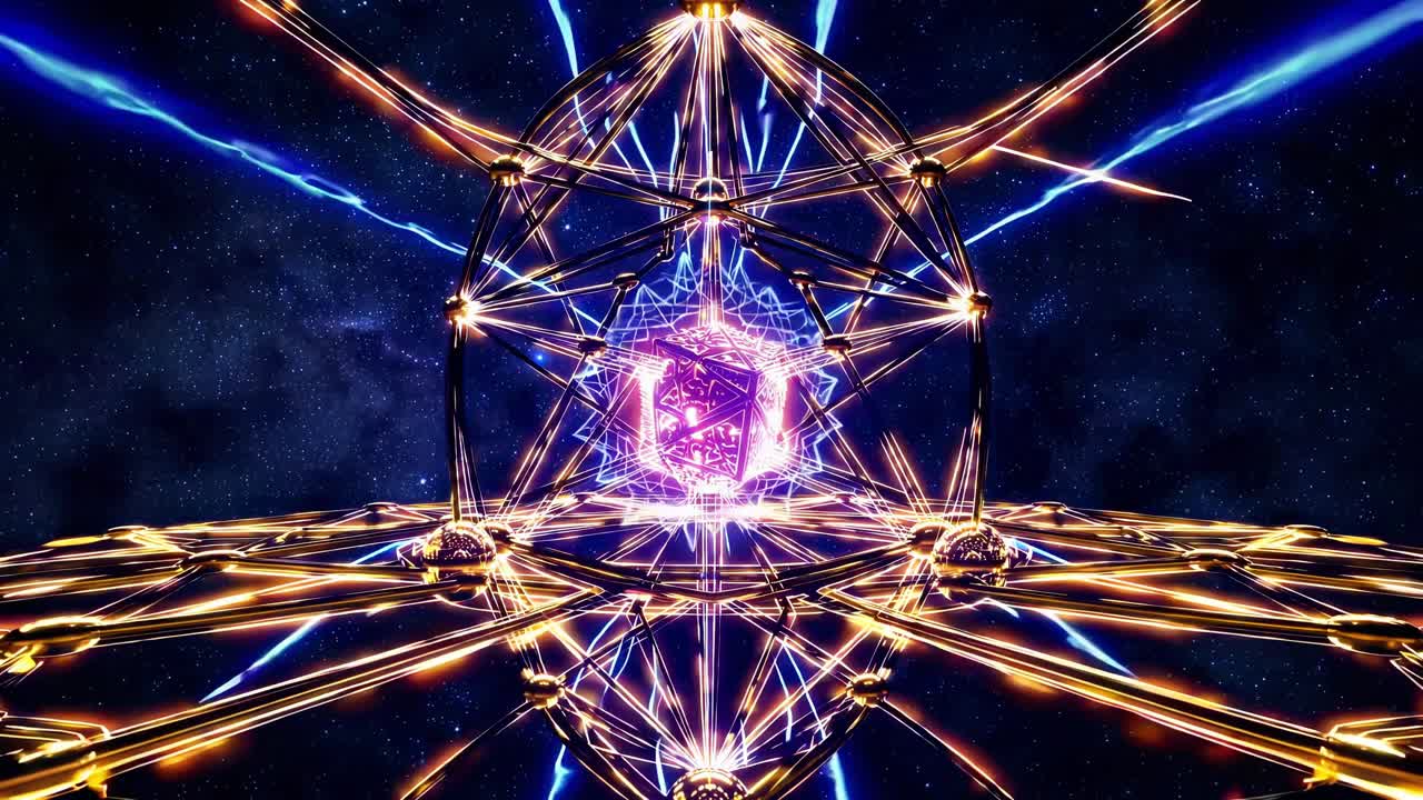 Golden Metatron's Cube is slowly rotating, emitting bright pulsating light and surrounded by a complex geometric structure, with a starry cosmic background