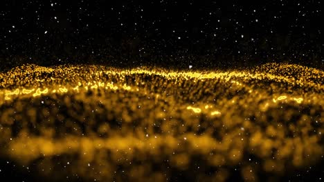 Animation-of-snow-falling-over-gold-glowing-mesh