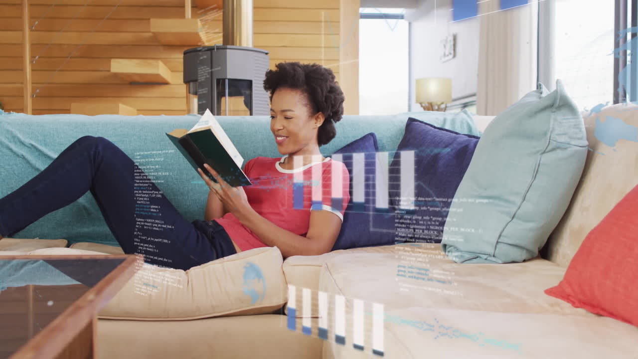 Reading book on couch, woman with data processing animation over