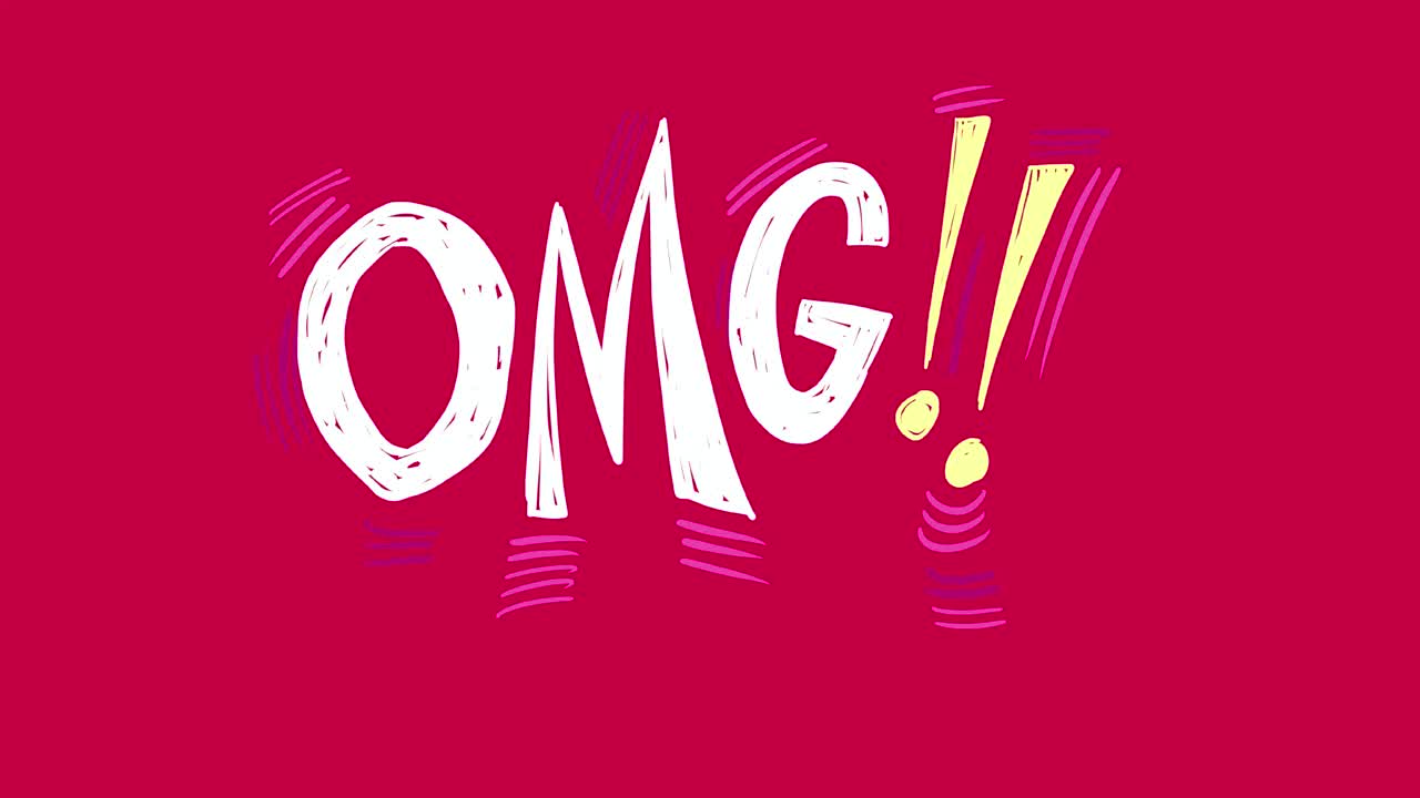 Animated text of OMG!! on a plain hot pink background. Text has movement lines. Simple and bold feel. The text is drawn in linear fashion. Sketchy in style to create movement