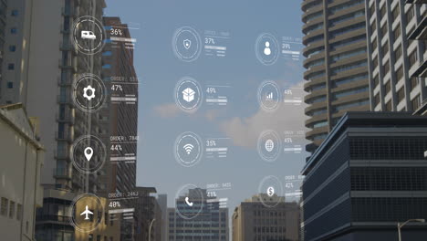 animación de iconos con procesamiento de datos sobre el paisaje urbano