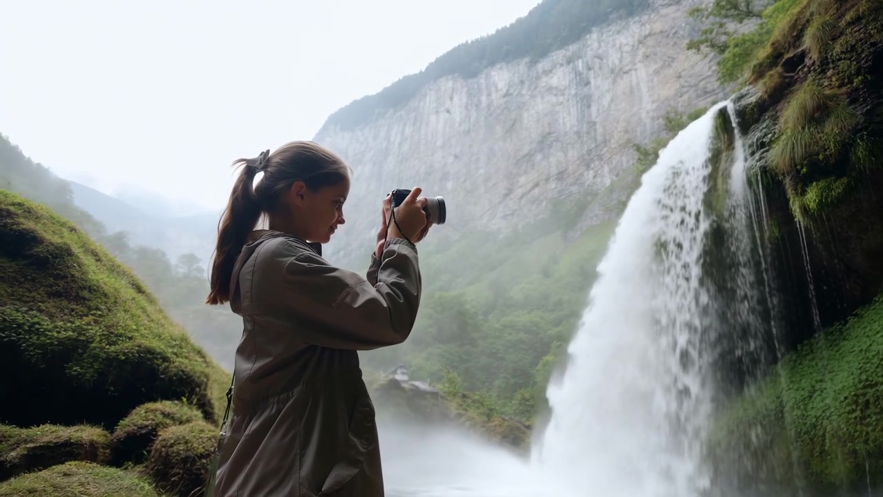Young woman standing left of frame photographing a large waterfall cascading down a moss-covered cliff in a misty mountain gorge. Soft overcast light