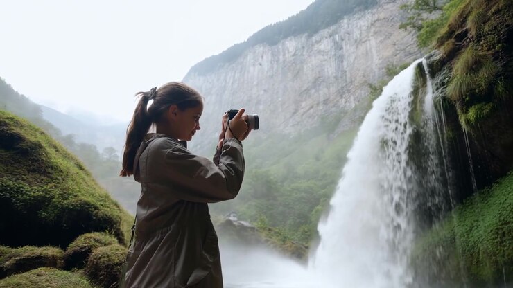 Young woman standing left of frame photographing a large waterfall cascading down a moss-covered cliff in a misty mountain gorge. Soft overcast light