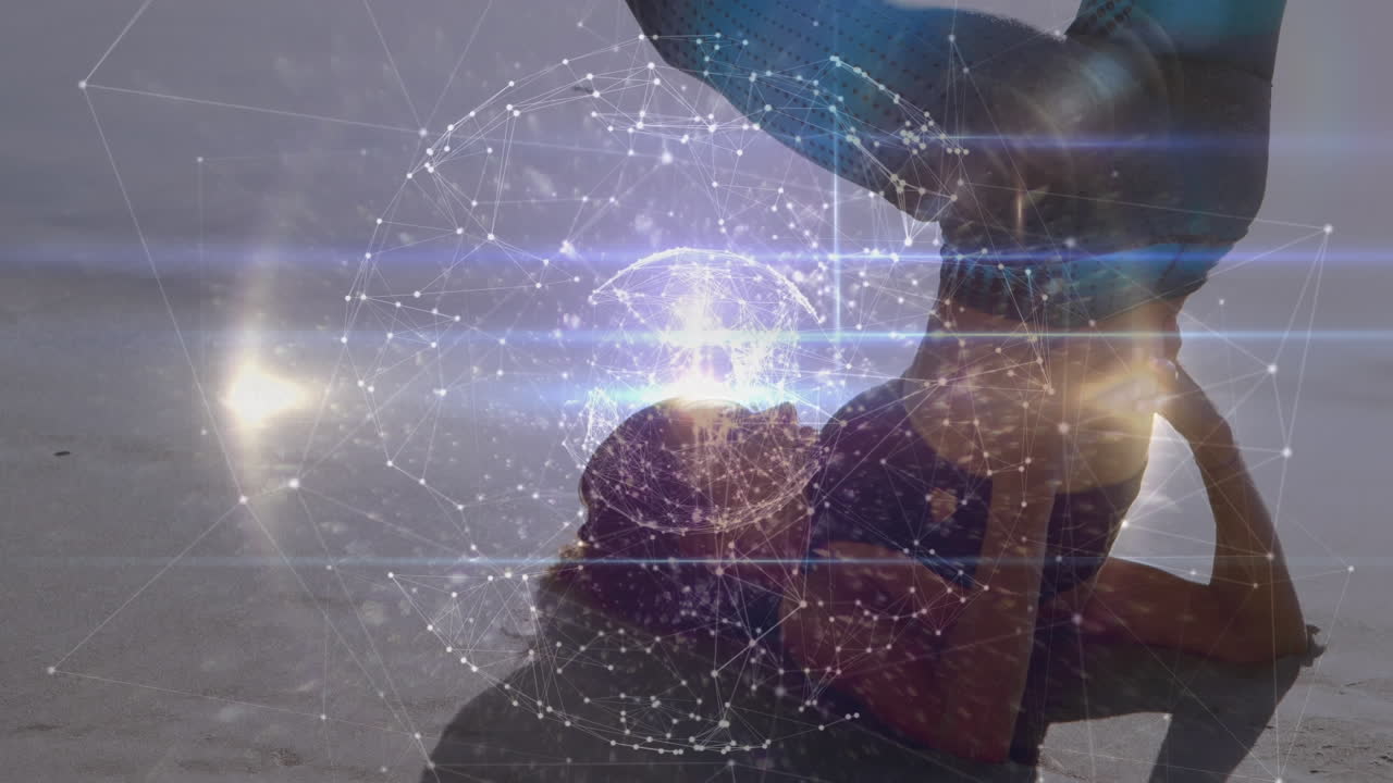 animación de redes de conexiones con el mundo sobre mujer caucásica practicando yoga en la playa