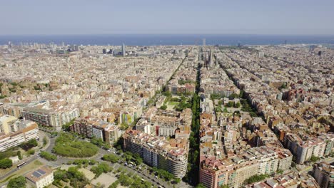 aerial view of barcelona cityscape with sagrada familia and mediterranean sea