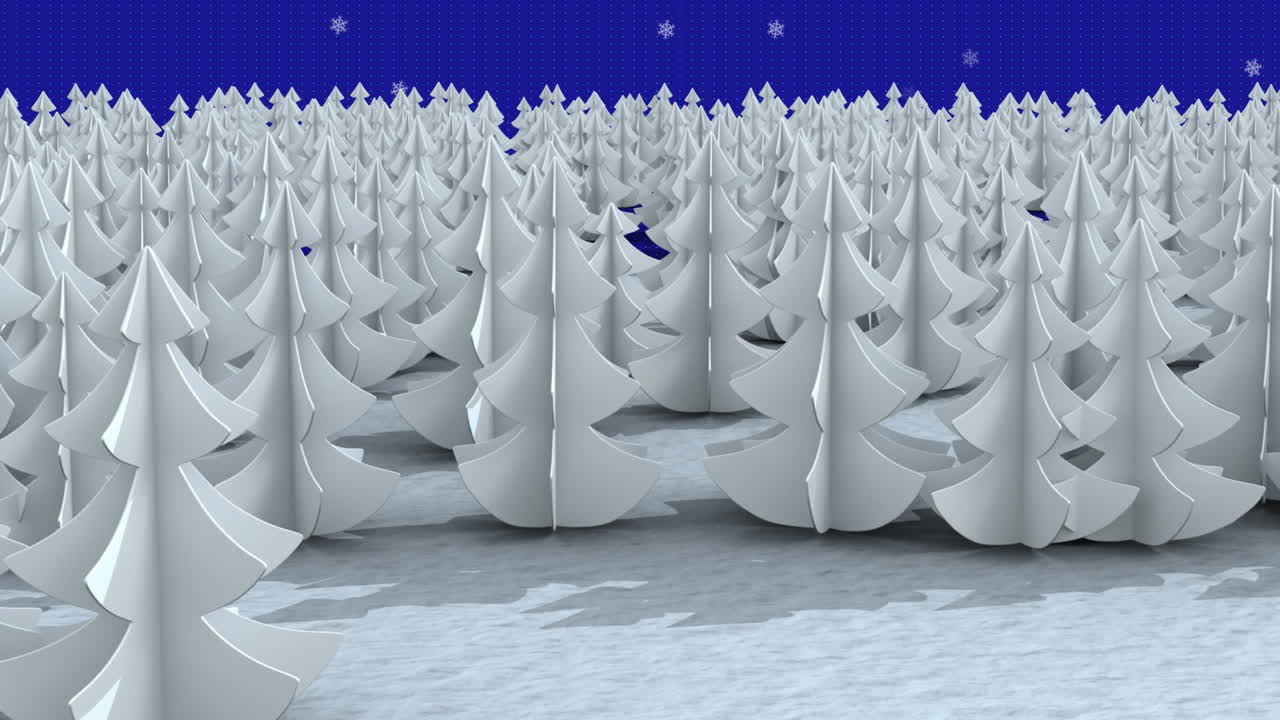 Animation of snow falling over fir trees and winter scenery