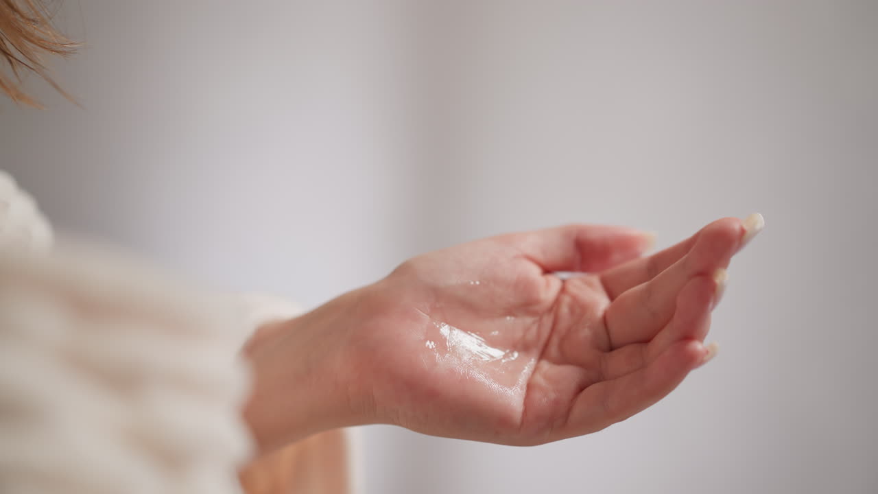 Woman taking facial product from hand in shower. Lady with manicure takes amount of cream with gel texture onto finger to apply to face closeup