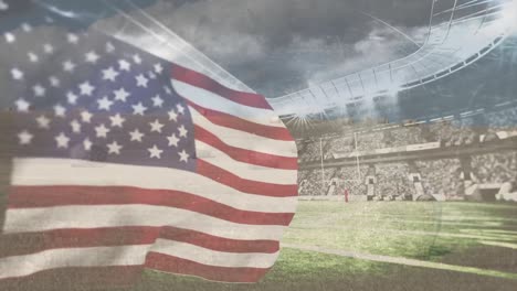 Digitale-Komposition-Einer-Schwenkenden-Amerikanischen-Flagge-Vor-Dem-Sportstadion-Im-Hintergrund