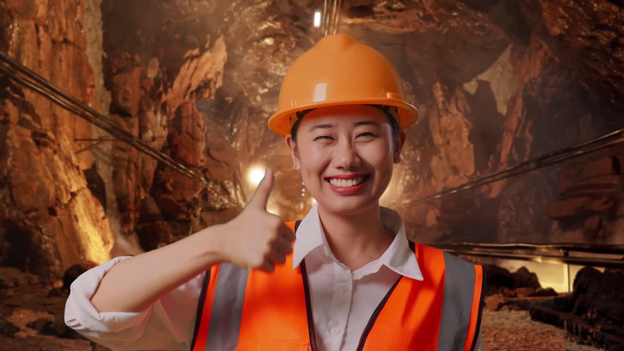 Close Up Of Asian Female Engineer With Safety Helmet Smiling And Showing Thumbs Up Gesture To The Camera In Underground Mine Tunnel