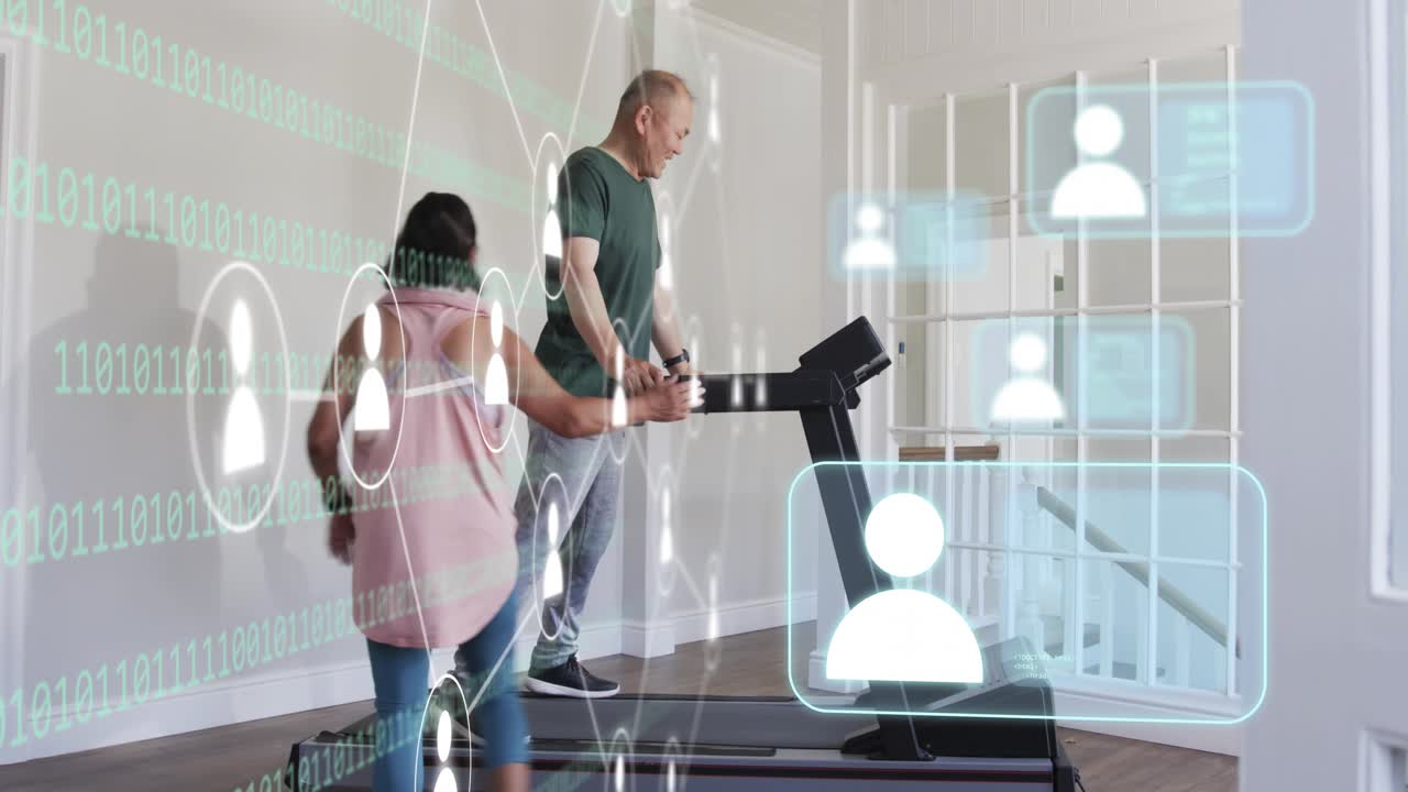 Man starting treadmill, woman adjusting console, binary overlay on wall and mapping health vitals