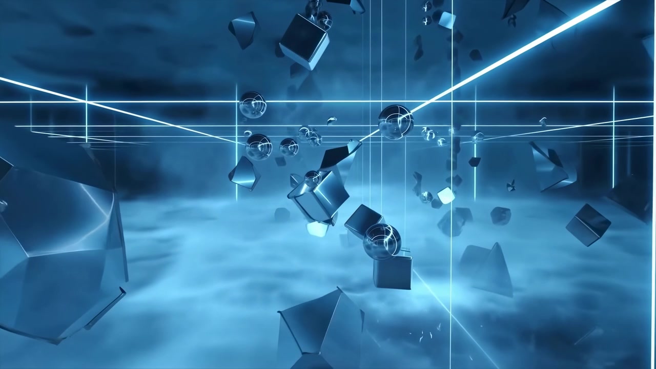 Blue Neon Grid With Floating Geometry, Immersive Data Visualization In Virtual Lab, Drifting Cubes