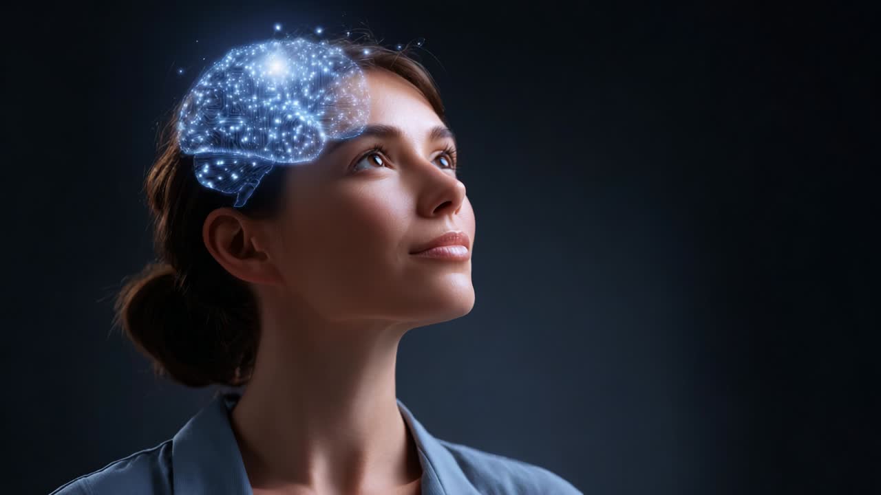 Exploring the Depths of Human Cognition and Creativity: A Thoughtful Woman Envisioning Concepts of Intelligence and Brain Activity Illustrated with a Glowing Digital Brain Representation