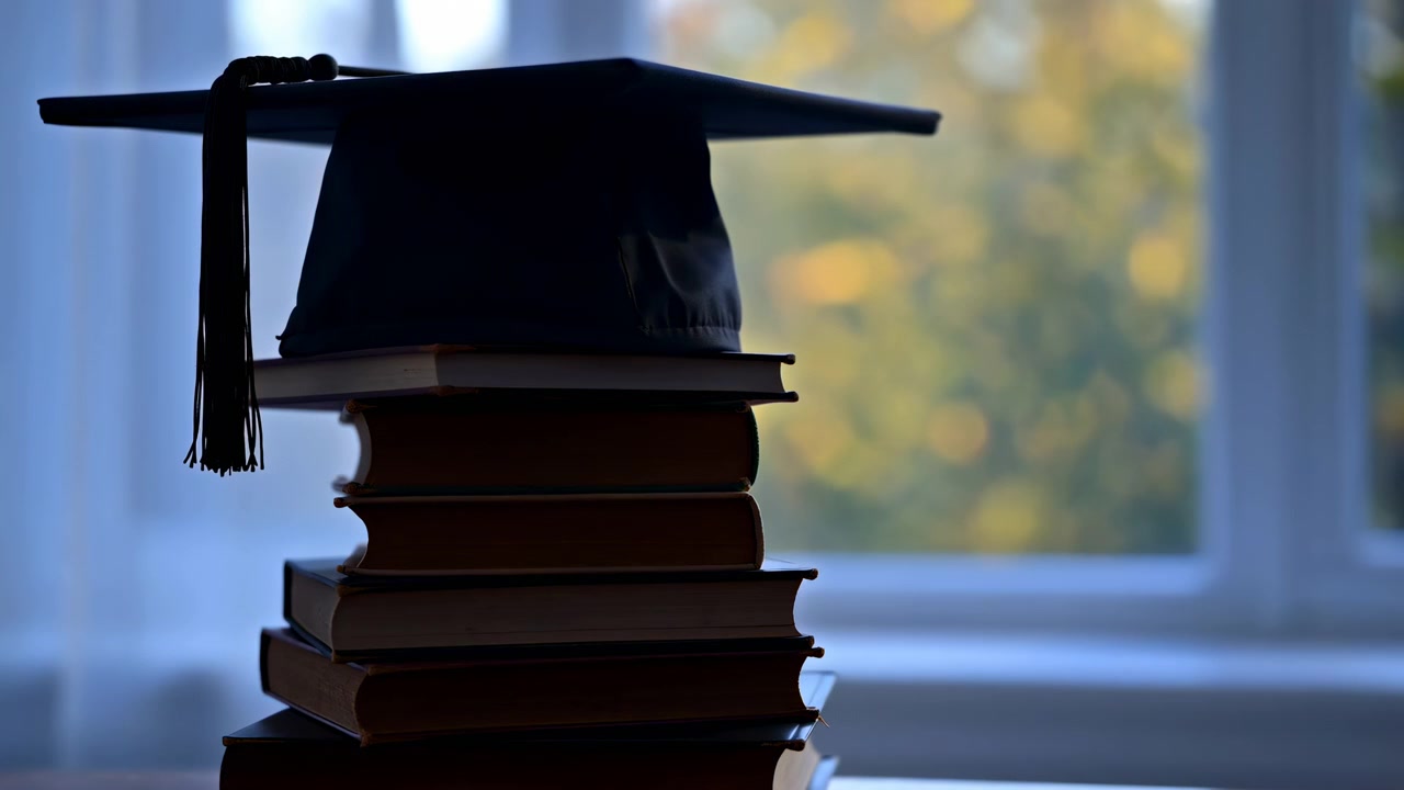 Tocco di laurea nero appoggiato su una pila verticale di libri con copertina rigida accanto a una finestra luminosa, nappa drappeggiata sul bordo, con una morbida silhouette retroilluminata, atmosfera di studio, concetto di successo accademico.