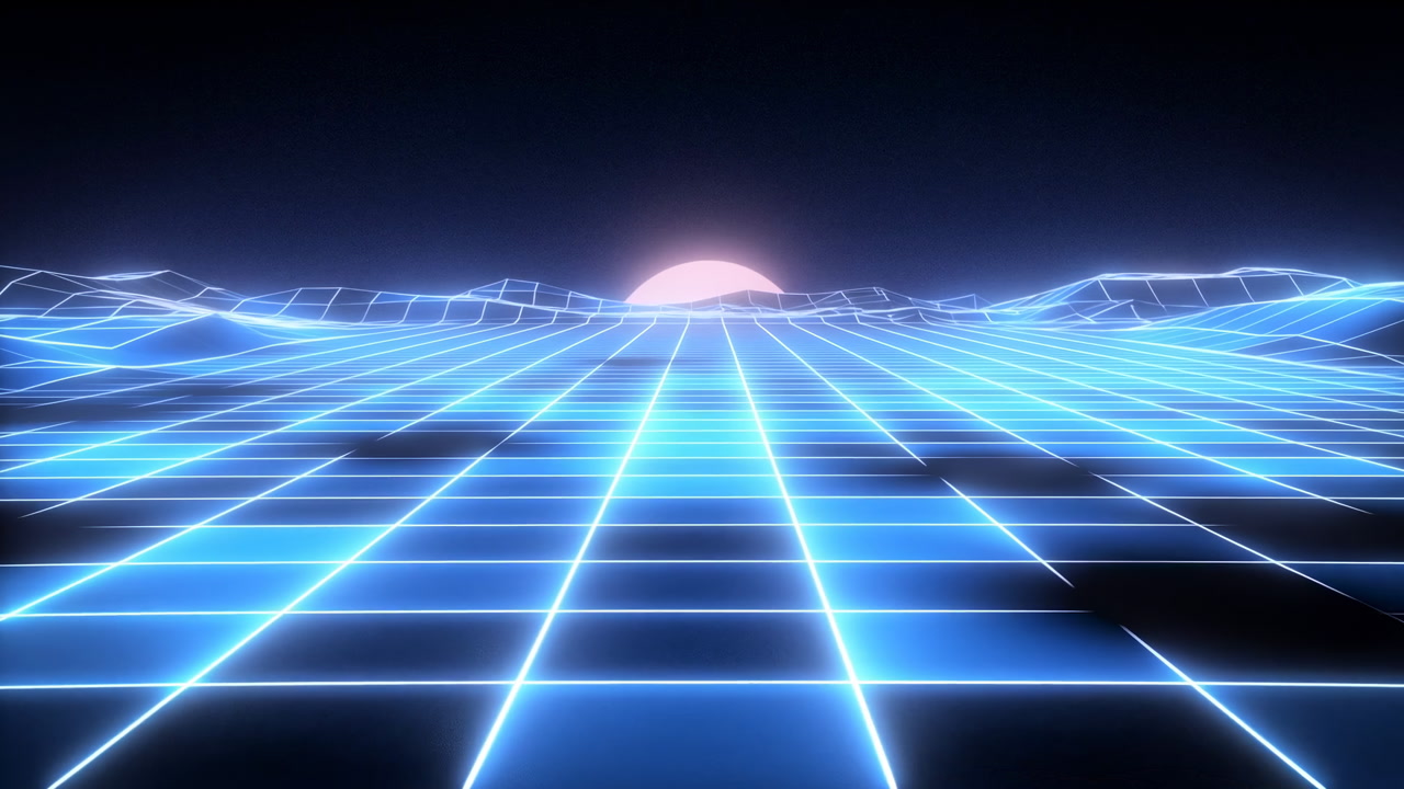 Neon Grid Sunset Horizon With Retro Vaporwave Wireframe Mountains, Glowing Blue Tiles Forming Endless Digital