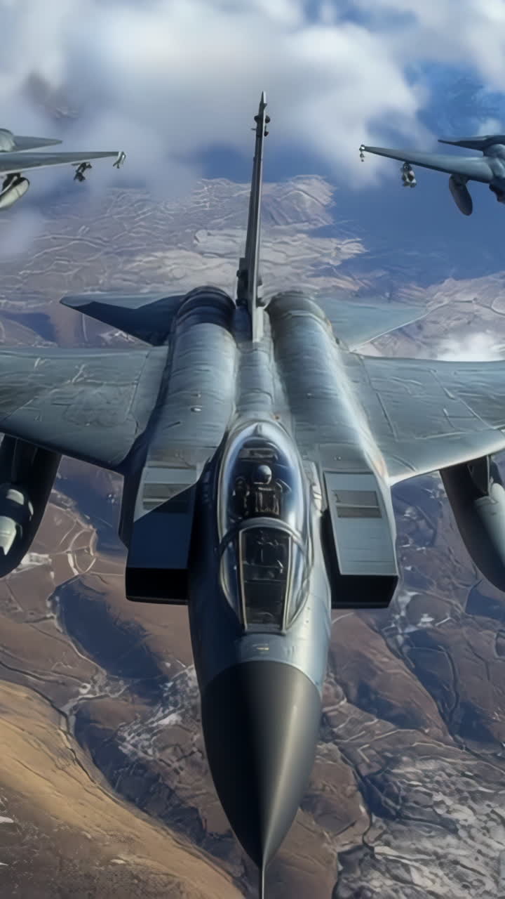 Jets flying high over mountains. A group of fighter jets flies in formation over mountainous terrain, showcasing military precision and aerial dynamics.