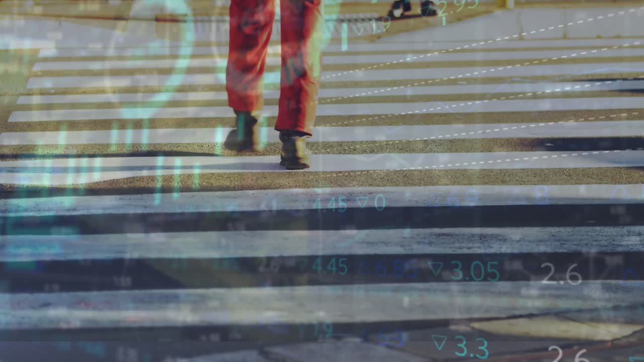 Animation of financial data processing over man crossing road