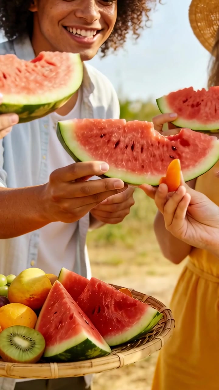 Vertical video: Offering man giving watermelon in field woman in hat holding basket sharing ice